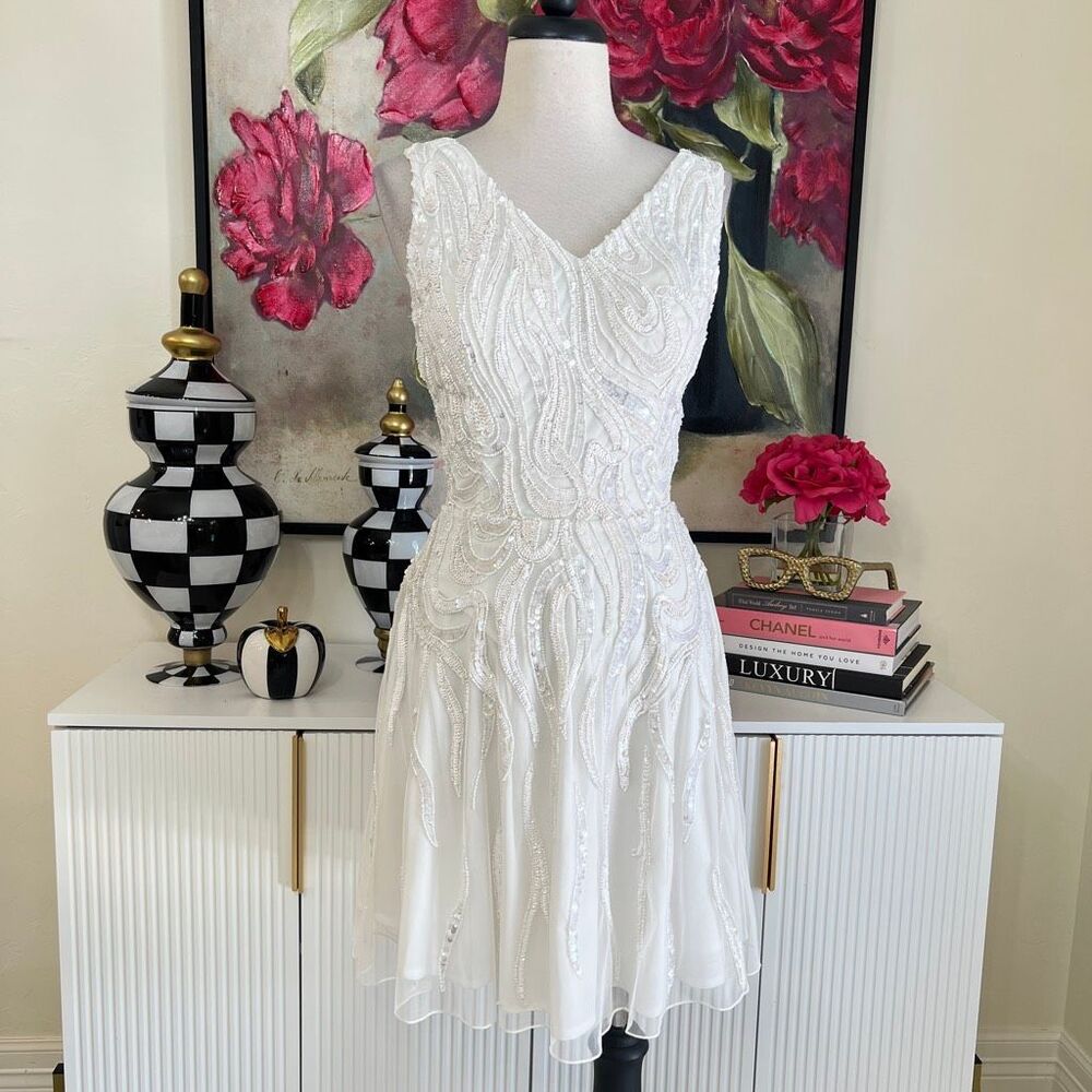 Ashley Lauren Women's Beaded Sequin Fit & Flare Cocktail Dress Ivory Size 4 NWT